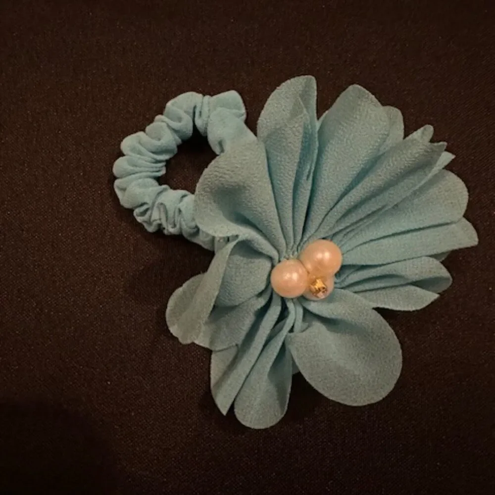 Aqua Flower Chiffon Scrunchie  -kids  7280  Handmade NWT Boutique
